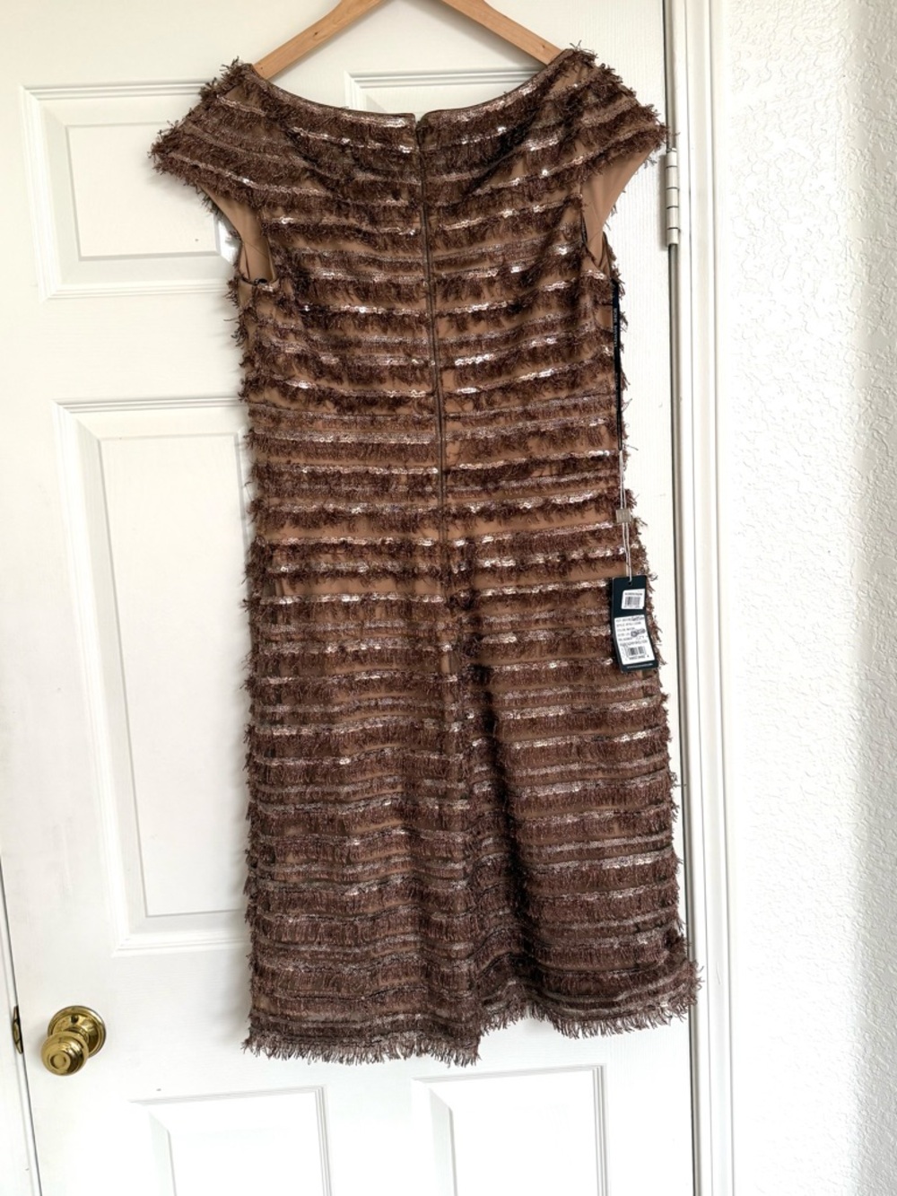 Tadashi Shoji Thora Silken Fringe Dress NWT Brown Tan Gold Midi Length 10 - Picture 9 of 10
